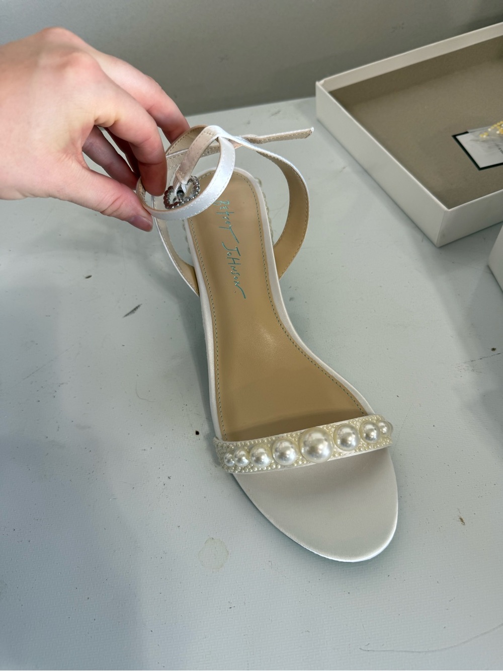 Betsey Johnson White Pearl-Embellished Ankle Strap Sandal